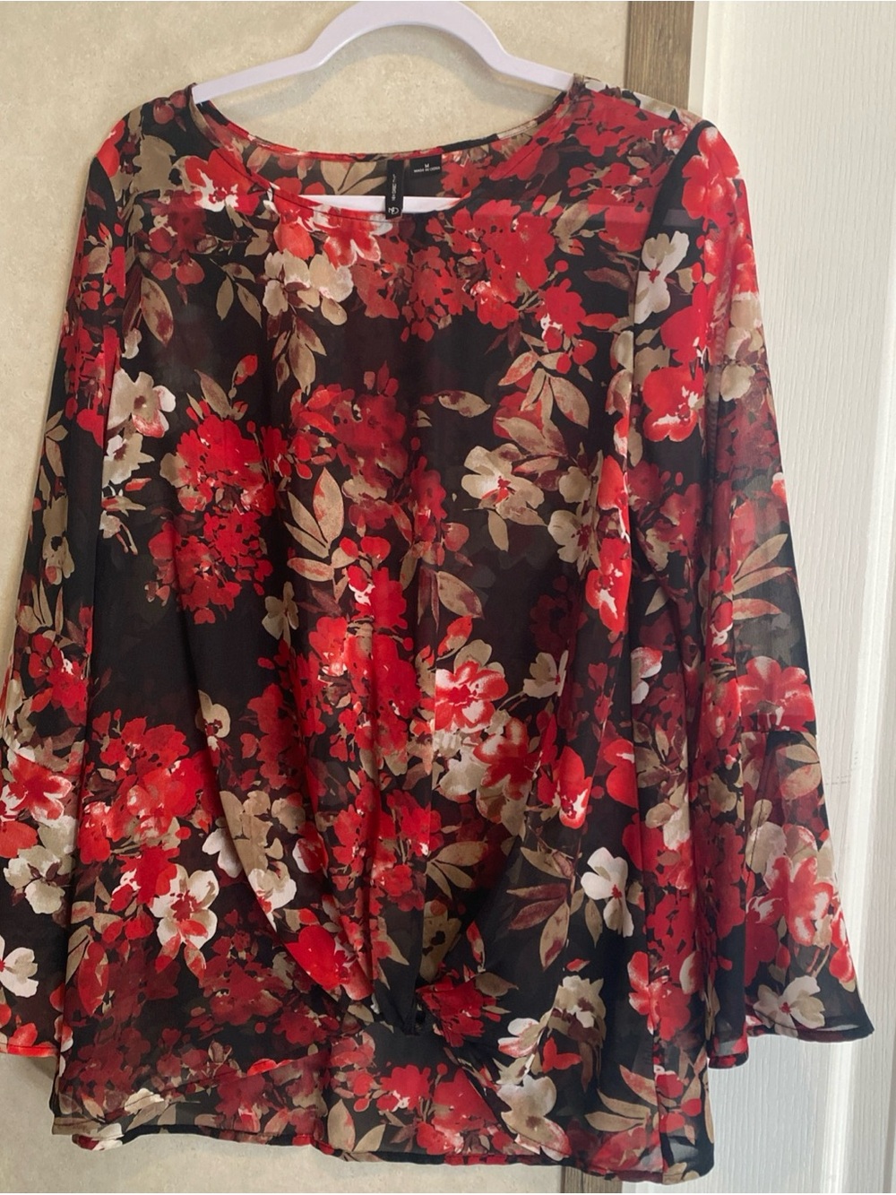 new directions Black Sheer Floral Blouse with Red and Cream Blooms